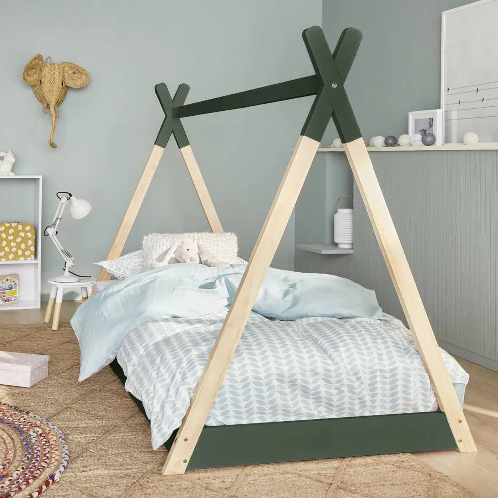 sweeek Kid's teepee bed 90 x 190cm natural pine slatted base included in Green 3