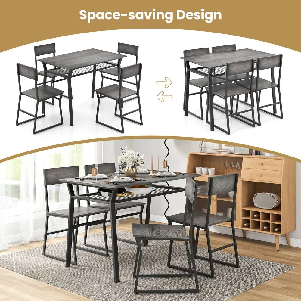 Costway 5 PCS Industrial Dining Table Set Rectangular Kitchen Table W/ 4 Chairs Metal Frame in Grey 3