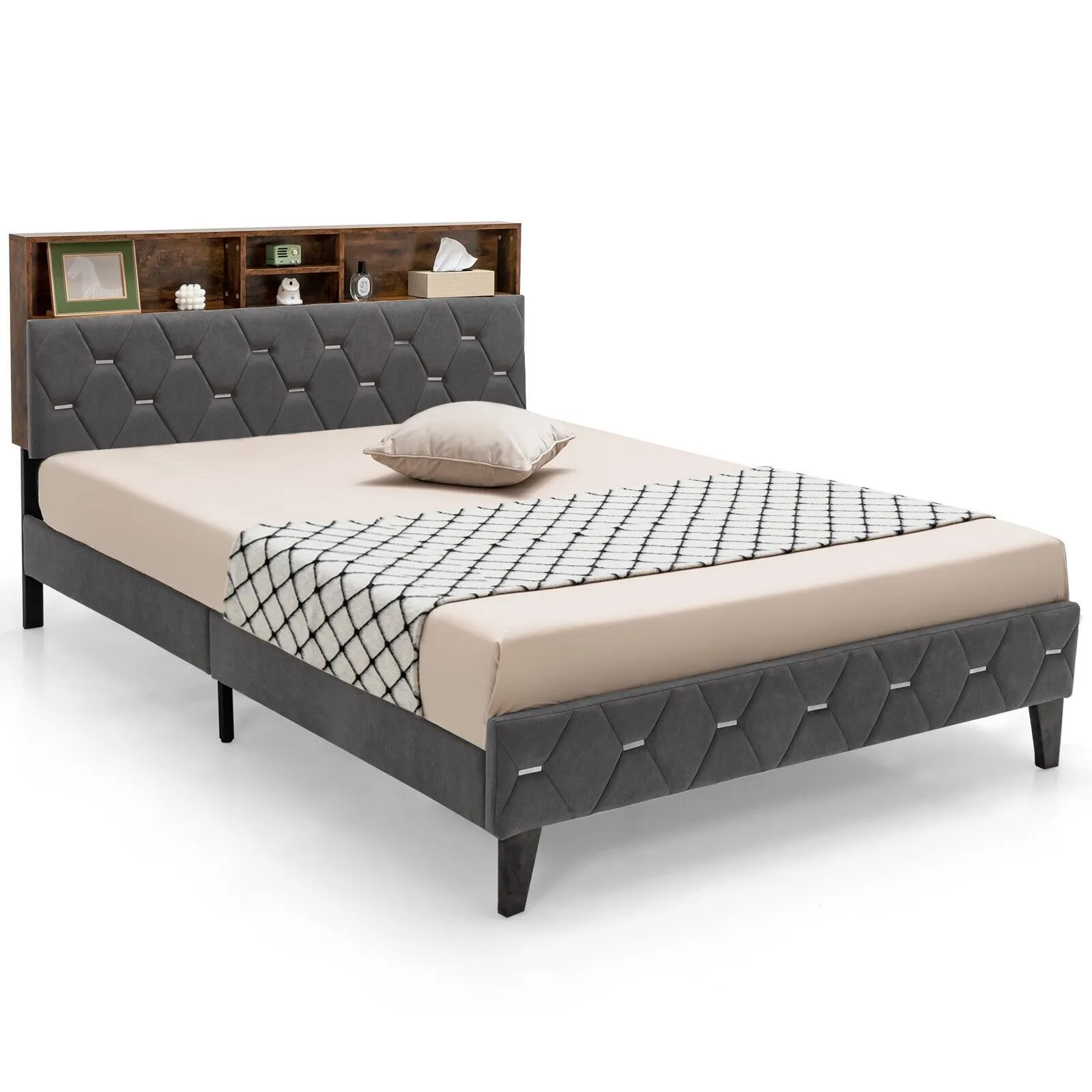 Costway Double Size Bed Frame Upholstered Platform Bed W/ Storage Headboard in Grey