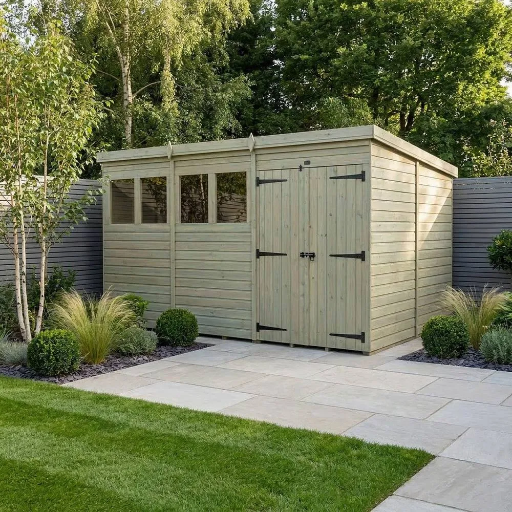 Buttercup Farm 12ft x 9ft Pent Garden Shed Double Door With Windows - Timber in Brown 2