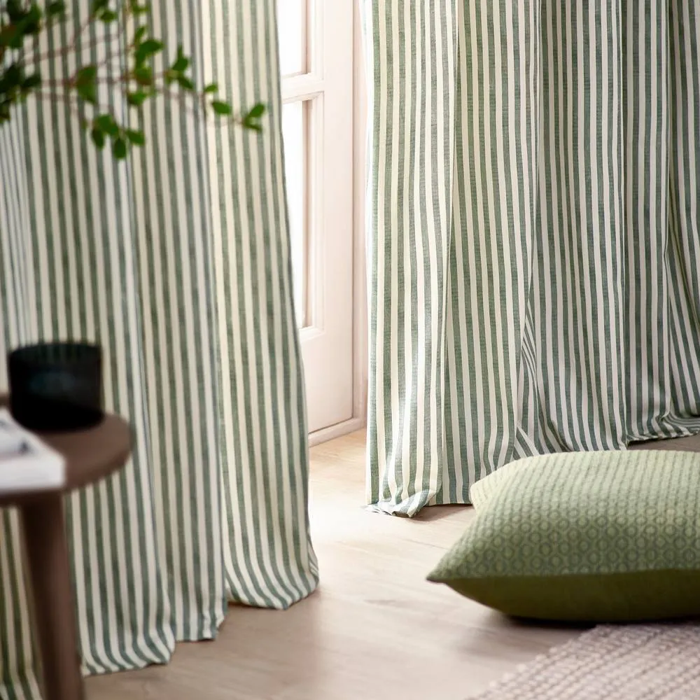 Yard Hebden Striped 100% Cotton Lined Pencil Pleat Curtain Pair in Bottle Green 3