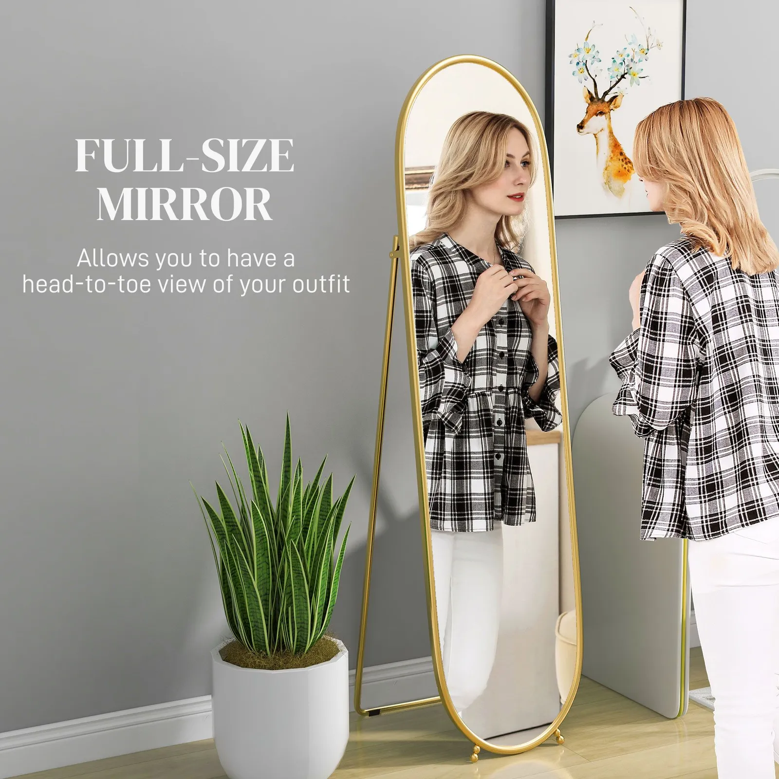 HOMCOM Oval Full Length Mirror with Metal Frame Hanging or Leaning in Gold 4