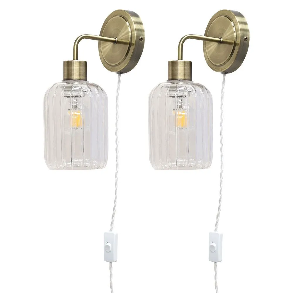 First Choice Lighting Set of 2 Toby - Antique Brass Plug in Wall Lights Ribbed Glass Shades in Gold
