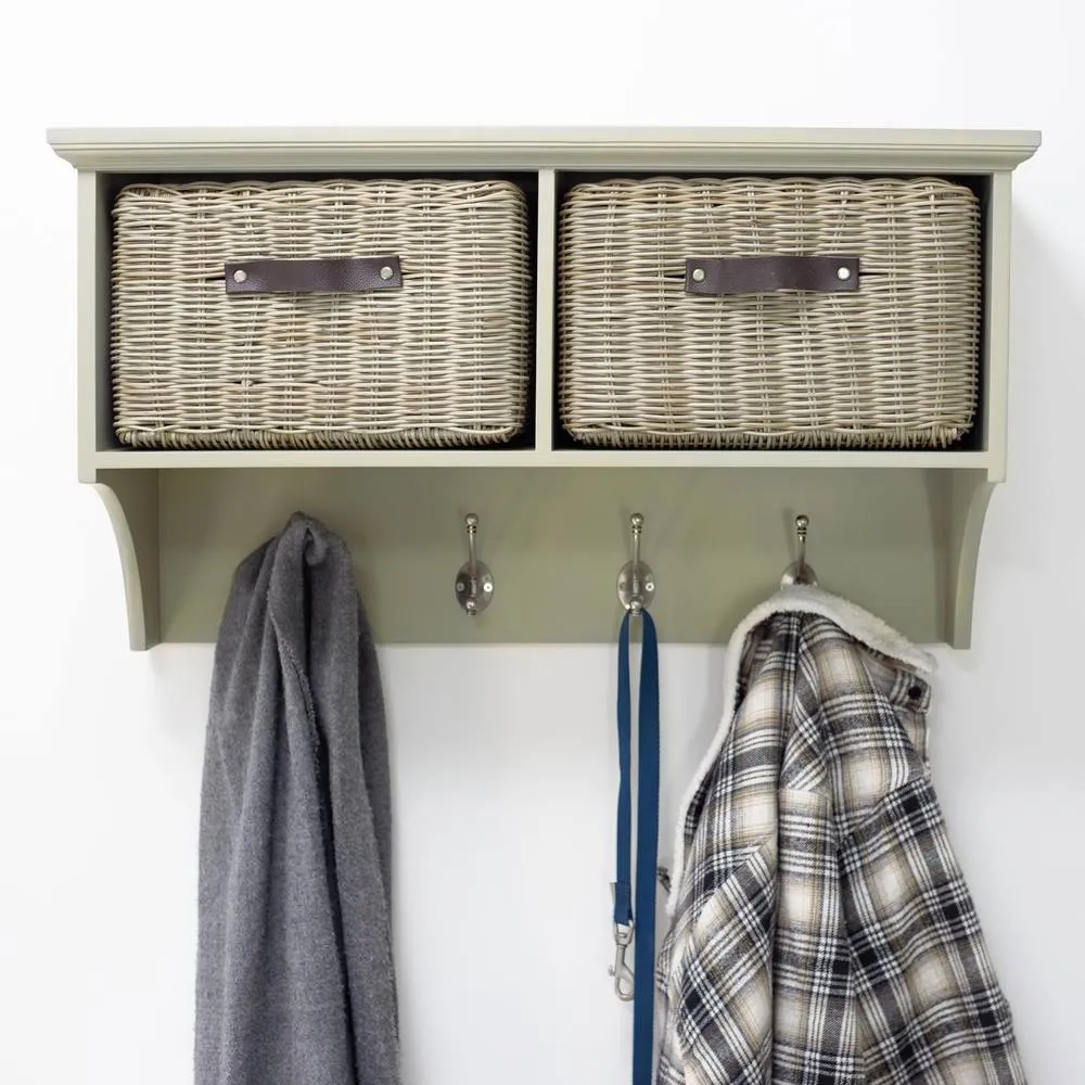 Statement Furniture Tetbury Coat Rack Hanging Shelf with 2 Brown Storage Baskets in Light Green 2