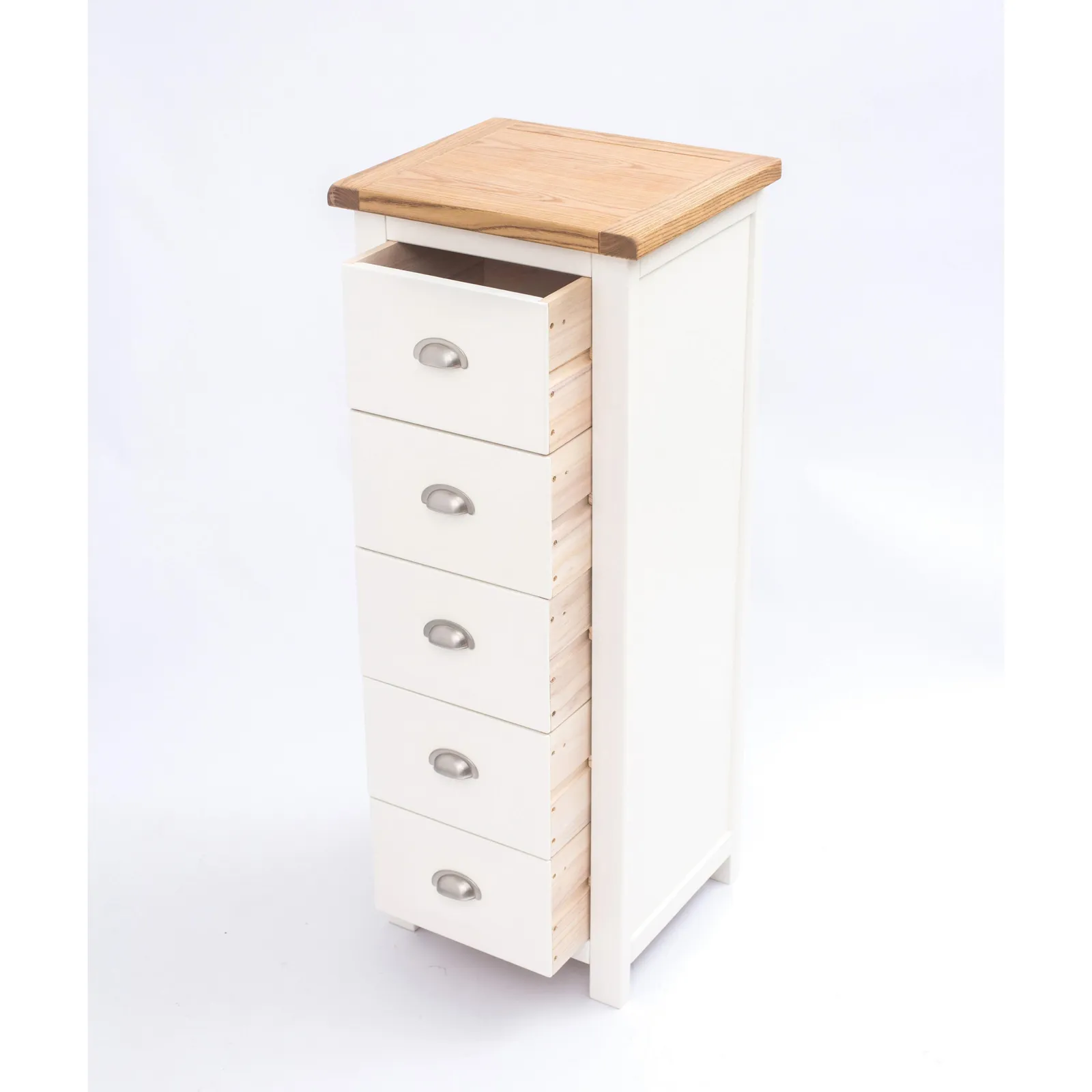 Cabinet Bits Lovere 5 Drawer Narrow Chest of Drawers Chrome Cup Handle in Off-White 5