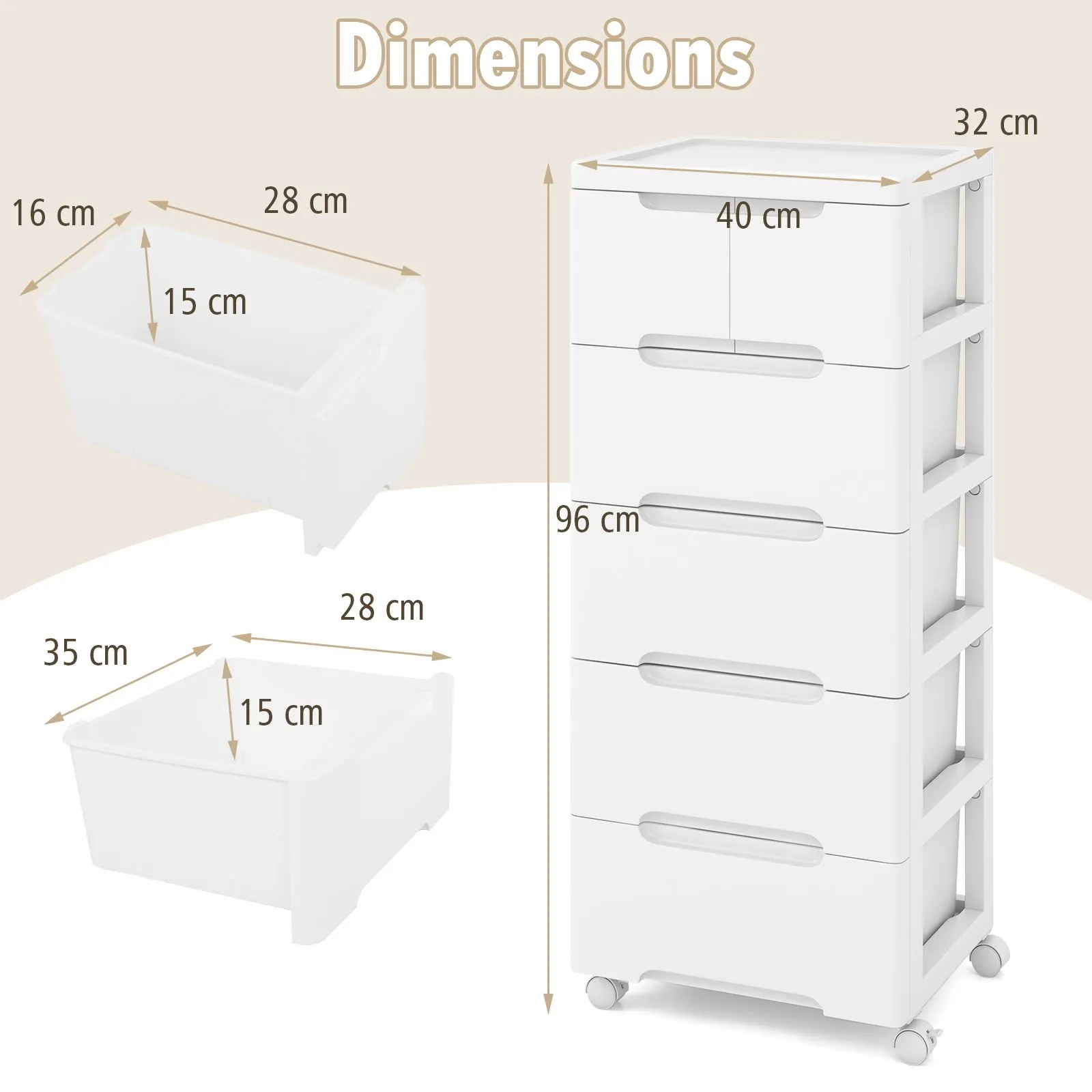 Costway 6-Drawer Rolling Cabinet Plastic Storage Cart 5-tier Drawer Dresser w/ Wheels in White 2