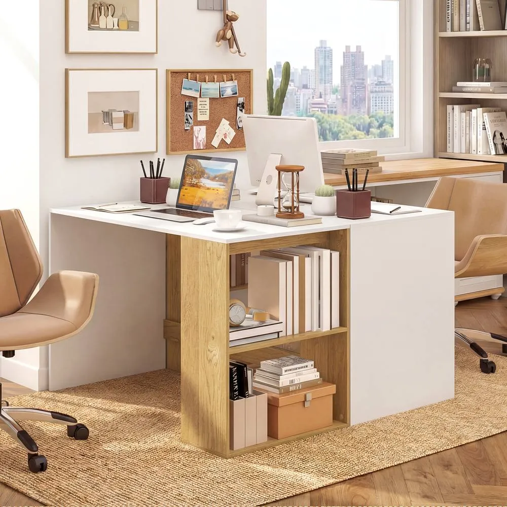 Costway Modern Wooden Office Desk with 2 Open Shelves in White 4