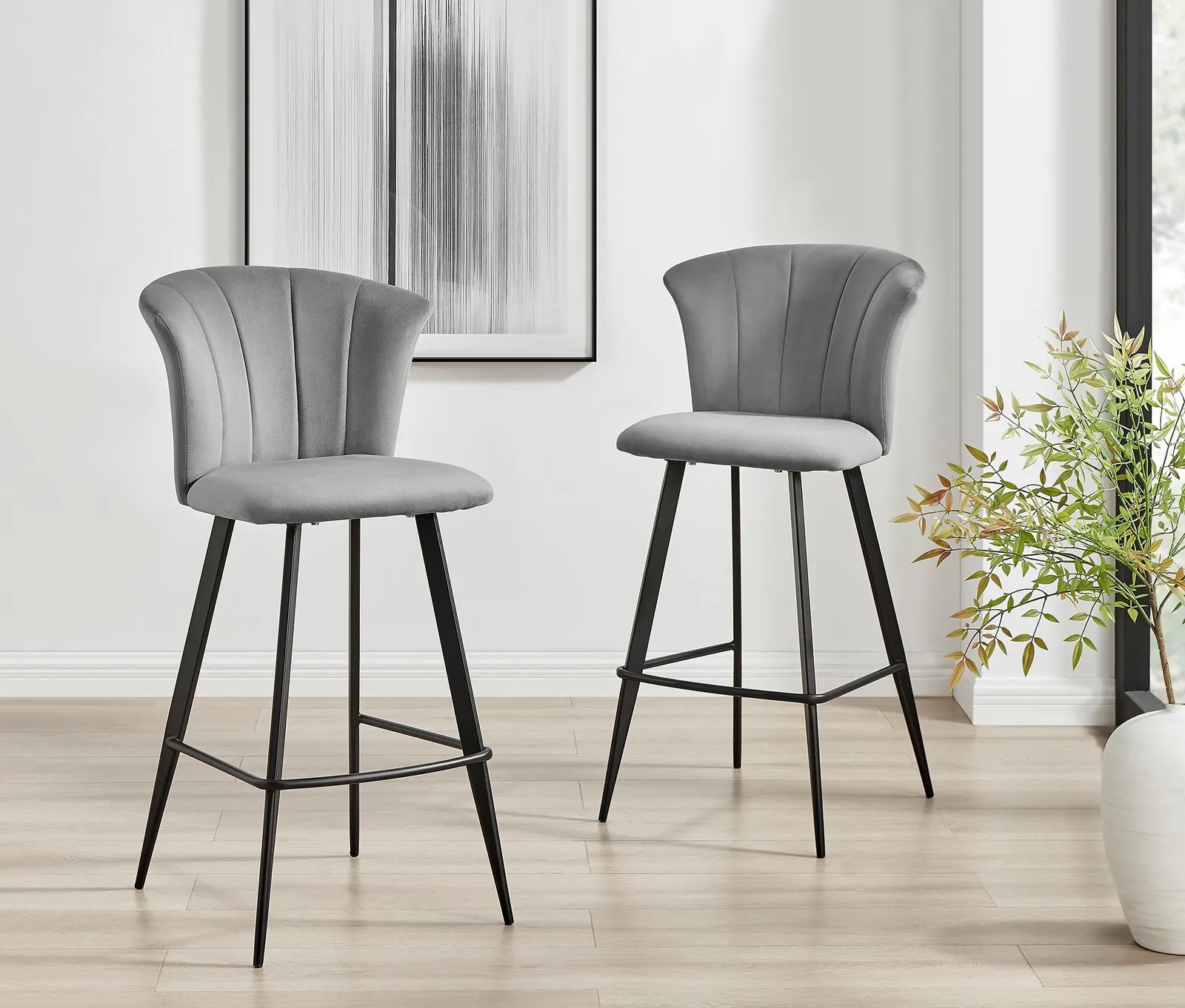 FurnitureboxUK Set of 2 Juniper Soft Touch Velvet Fluted Art Deco Counter Stools With Black Metal Legs in Grey 2