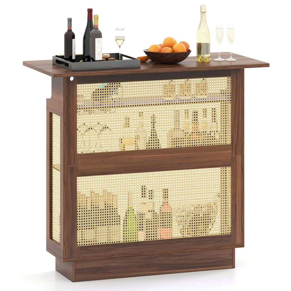 Costway Industrial Home Bar Table w/LED Light &App Control Rattan Dining Table in Brown 3