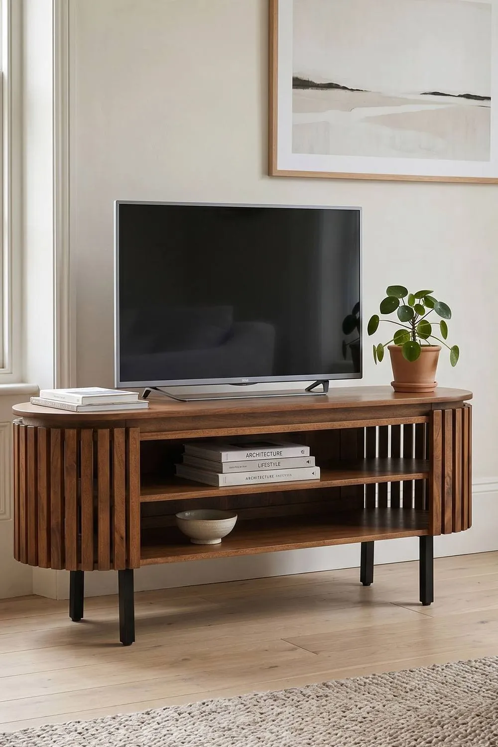IH Design Tackley Mango Wood Oval Slat TV Cabinet Up to 55 Inches in Brown