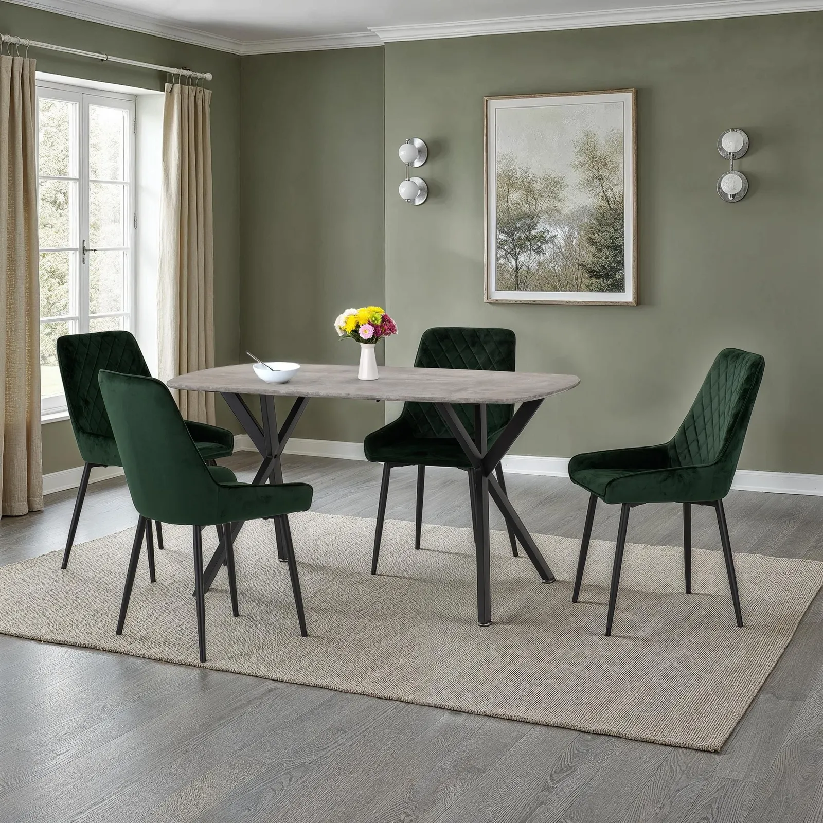 Seconique Athens Rectangular Concrete Effect Dining Set with Avery Chairs in Green 1