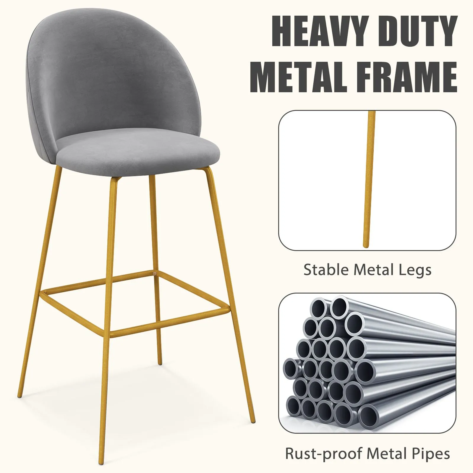 Costway Set of 2 Bar Stools Soft Velvet Upholstered Bar Chairs Pub Stool Chair High Back in Grey 6