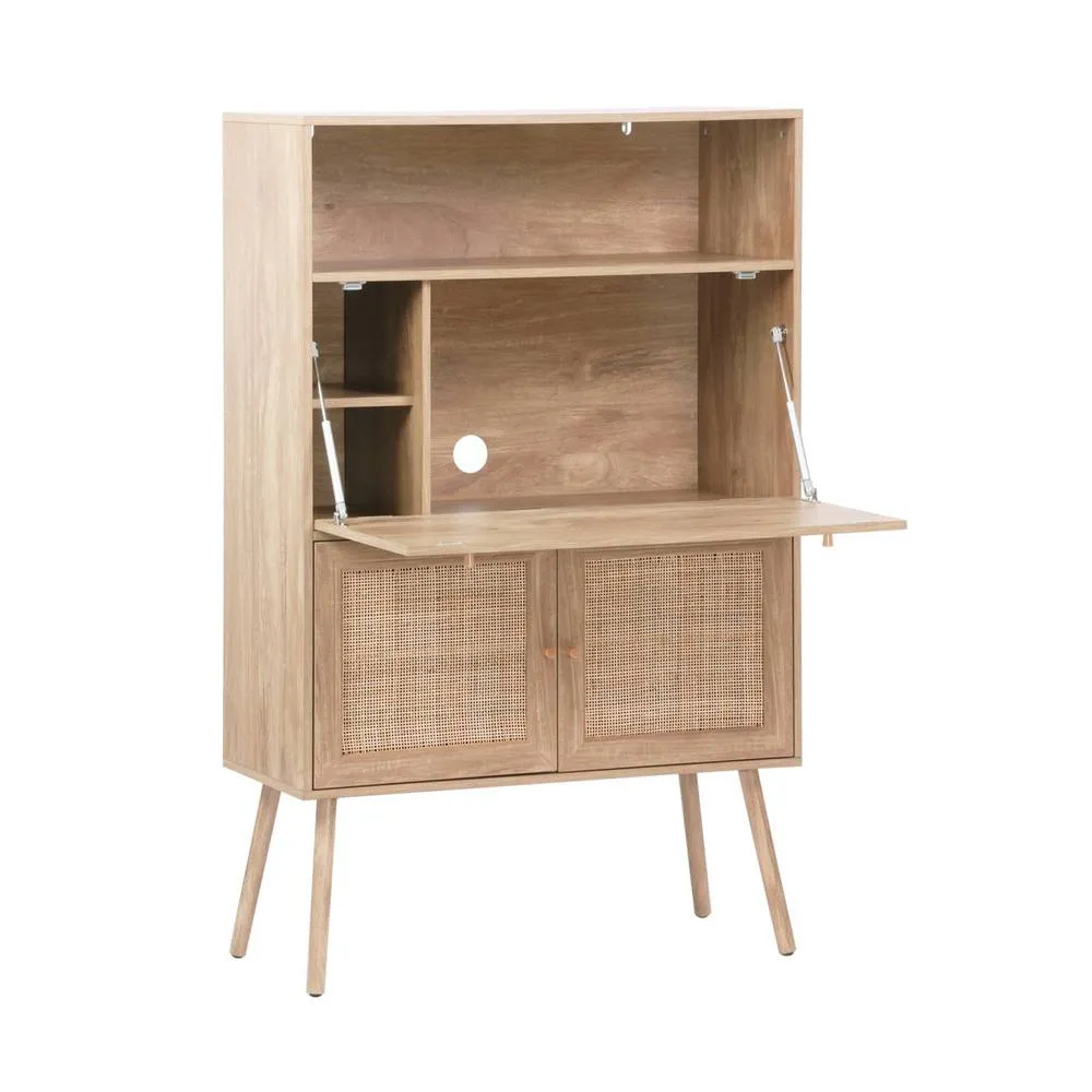 sweeek Secretary desk with wood decor, cane & 2 doors in Beige 2