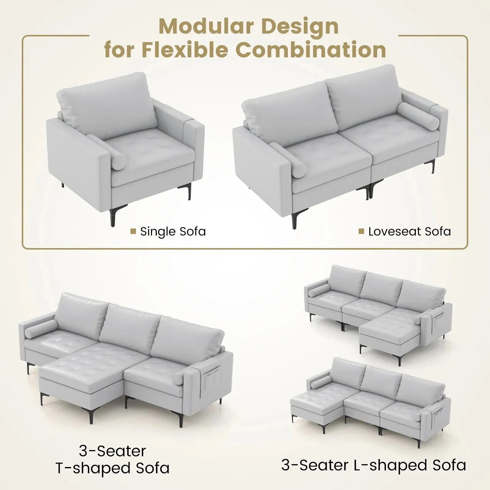 Costway Modular Sectional Sofa Loveseat 2-3-Seater Sofa Seat L-Shaped Padded Cushions in Grey 5
