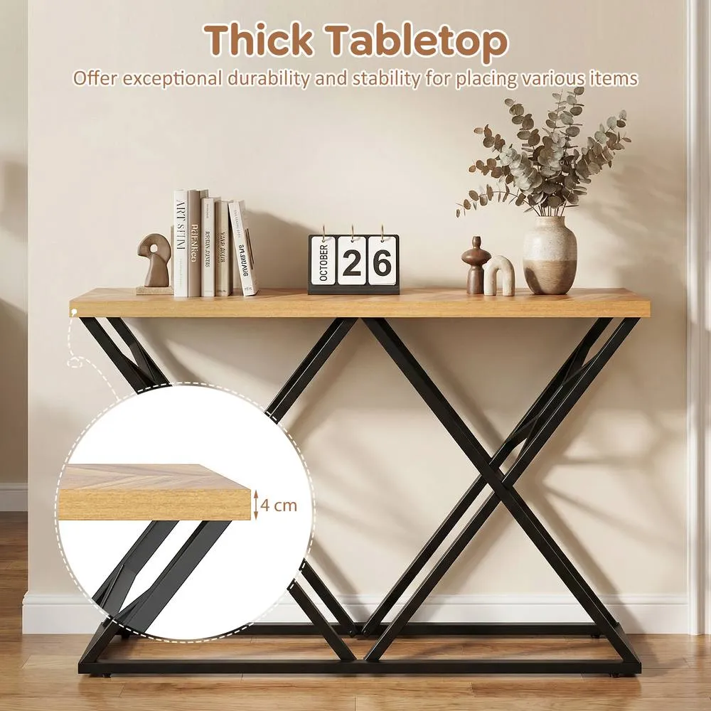 Costway 140CM Console Table Farmhouse Entryway Table with Metal Base Black in Brown 5