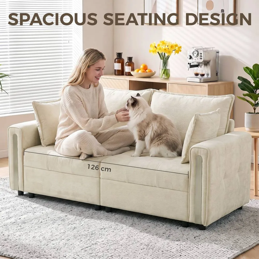 HOMCOM 2 Seater Sofa with Lift-Up Storage, 168 cm Velvet Couch, Beige 6