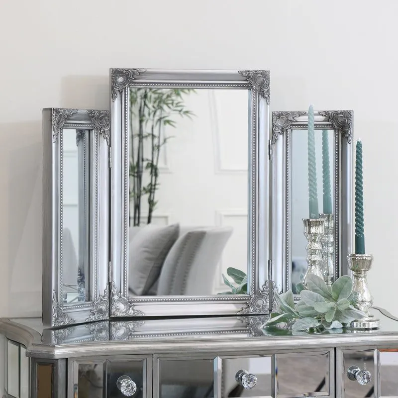 Melody Maison Ornate Vintage Silver Triple Dressing Table Mirror 55cm X 74cm