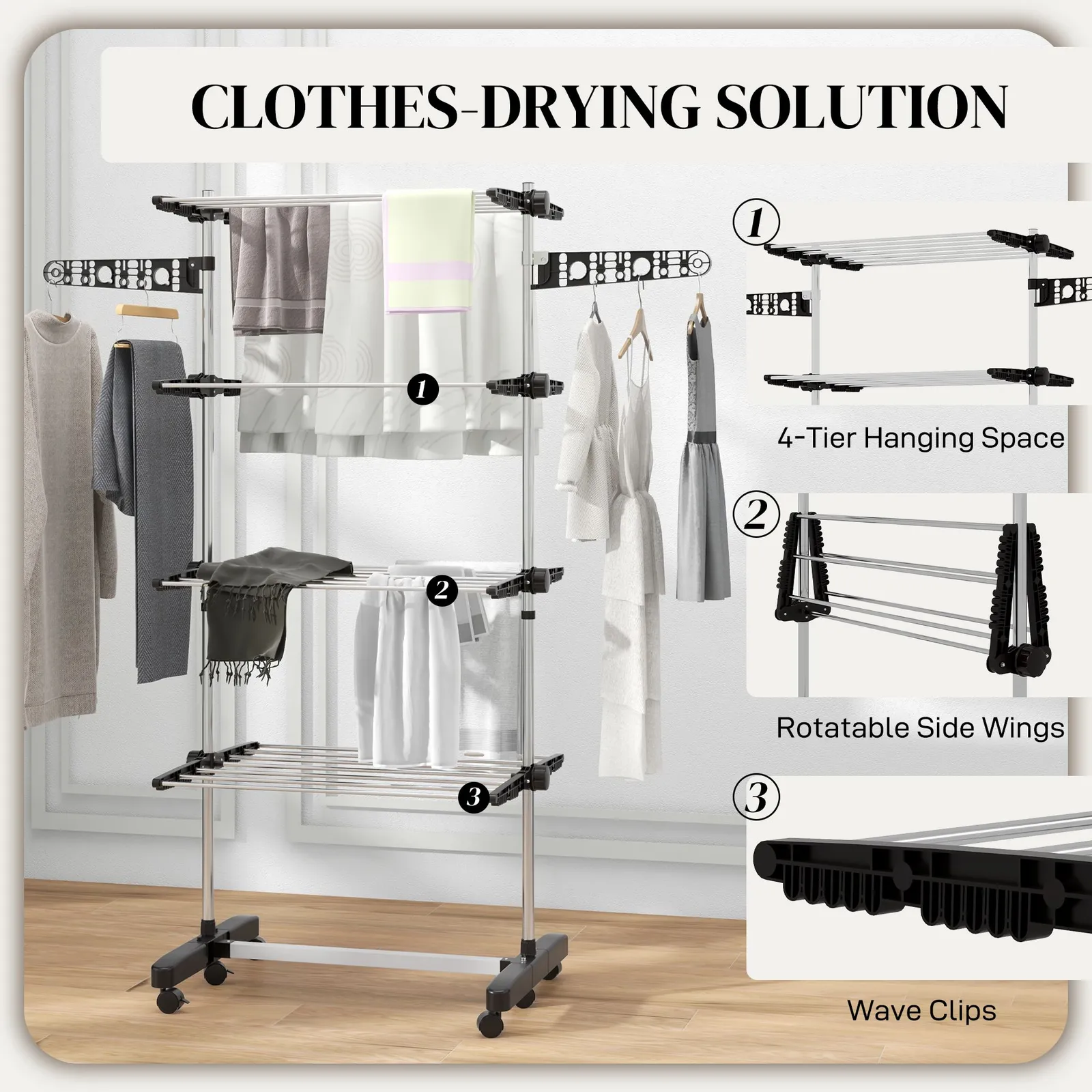 HOMCOM 4-Tier Large Clothes Airer Stainless Steel Clothes Drying Rack Black 5