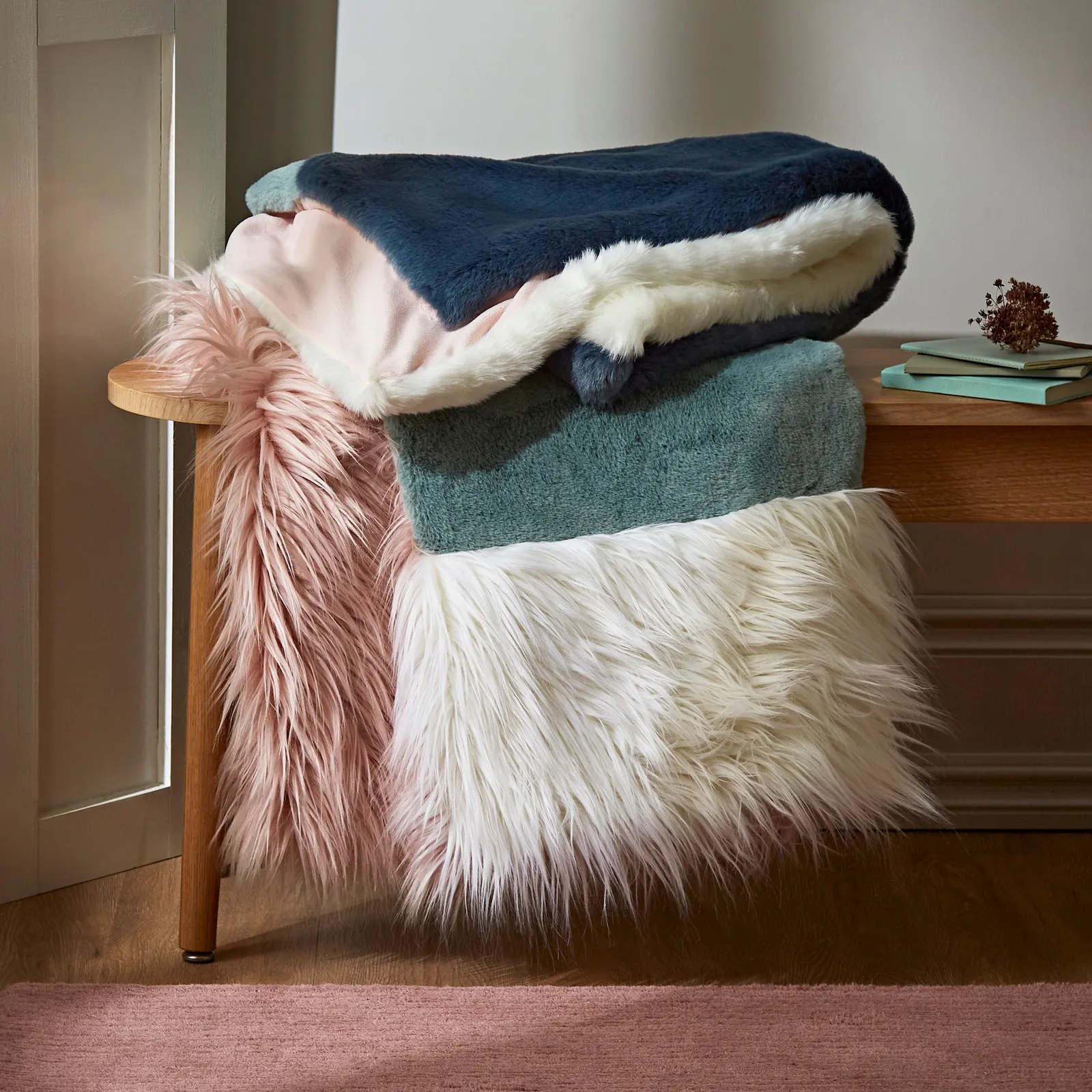 Block Faux Fur Throw Blue/Pink/White