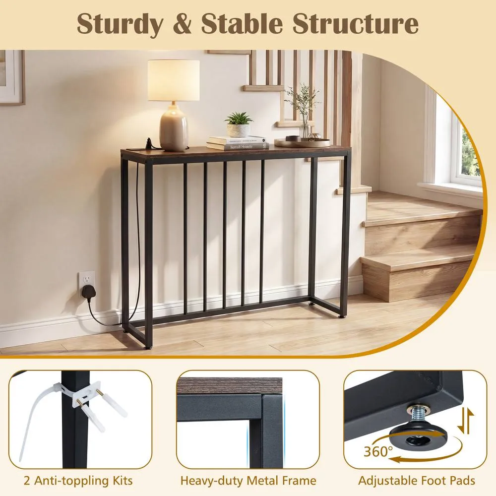 Costway Entryway Table Console Table with Charging Station in Brown 4