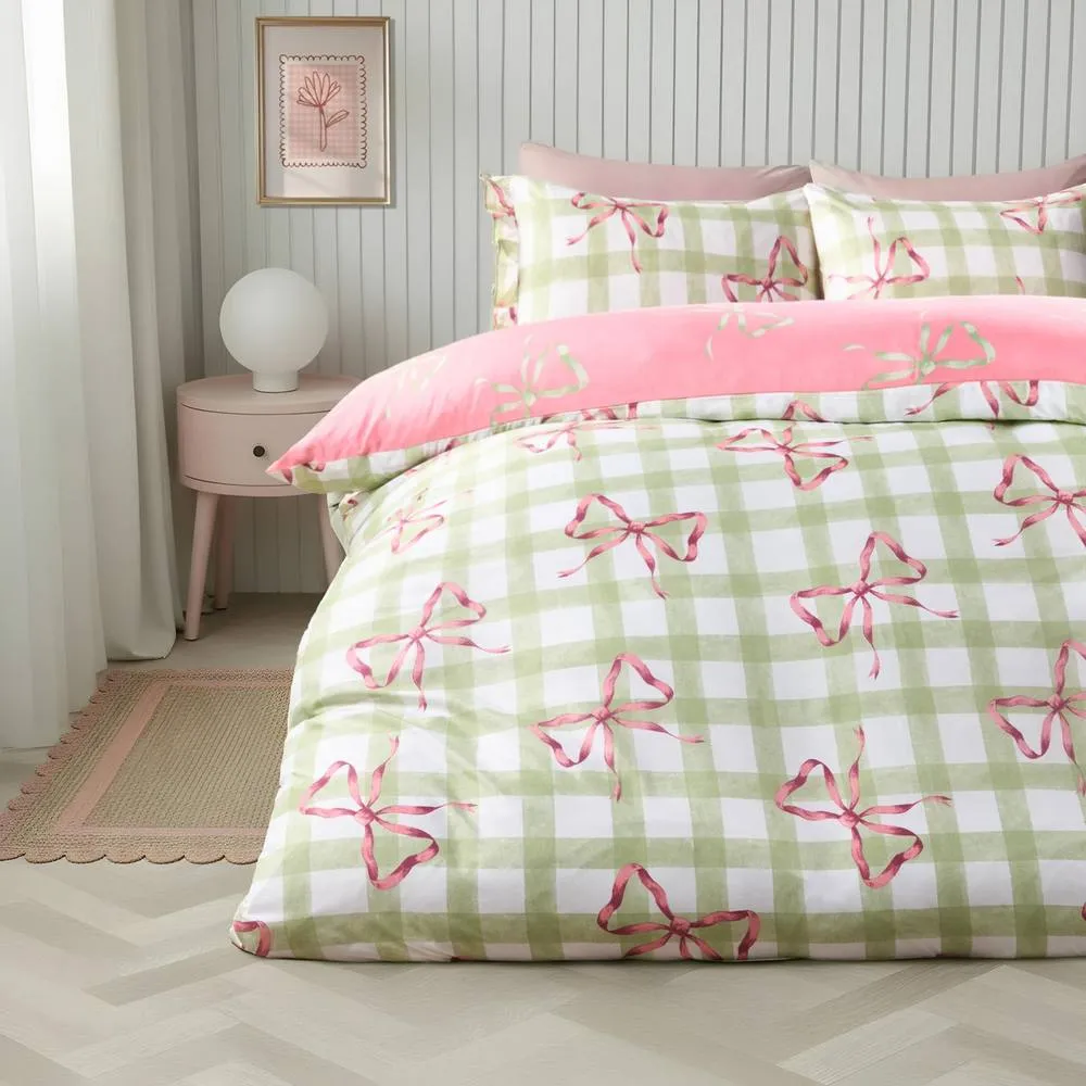 OHS Bow Gingham Bedding Set Microfibre Duvet Cover with Pillowcase