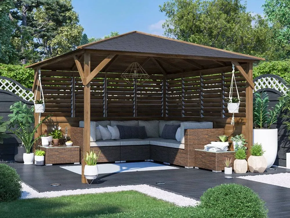 Dunster House Wooden Gazebo Kit 3x3m with Louvre Wall & Black Roof Shingles, Utopia in Brown