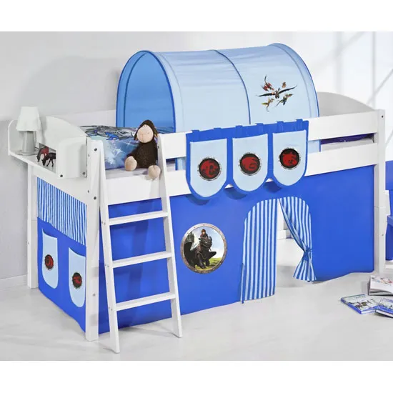 Lilla Children Bed In White With Dragons Blue Curtains