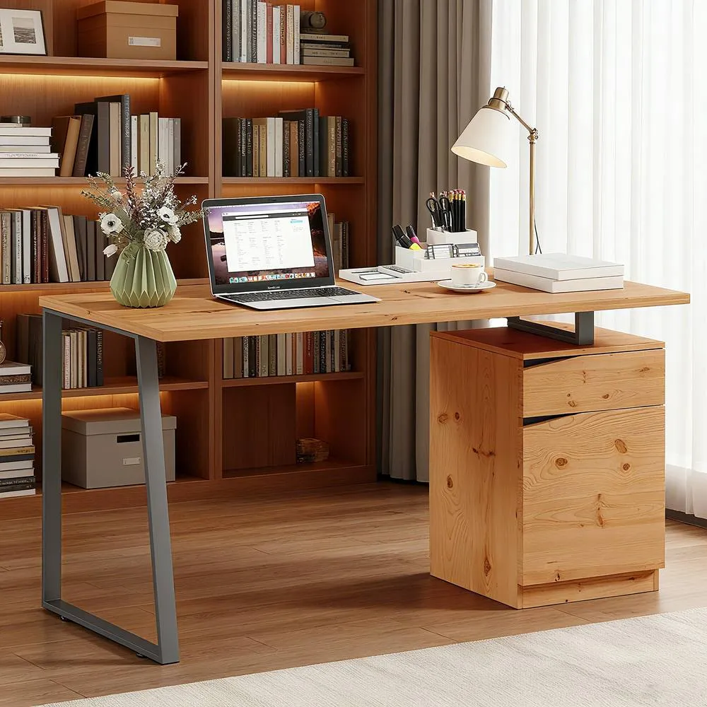 HOMCOM Computer Desk, Writing Table with Cabinet & Drawer, Natural
