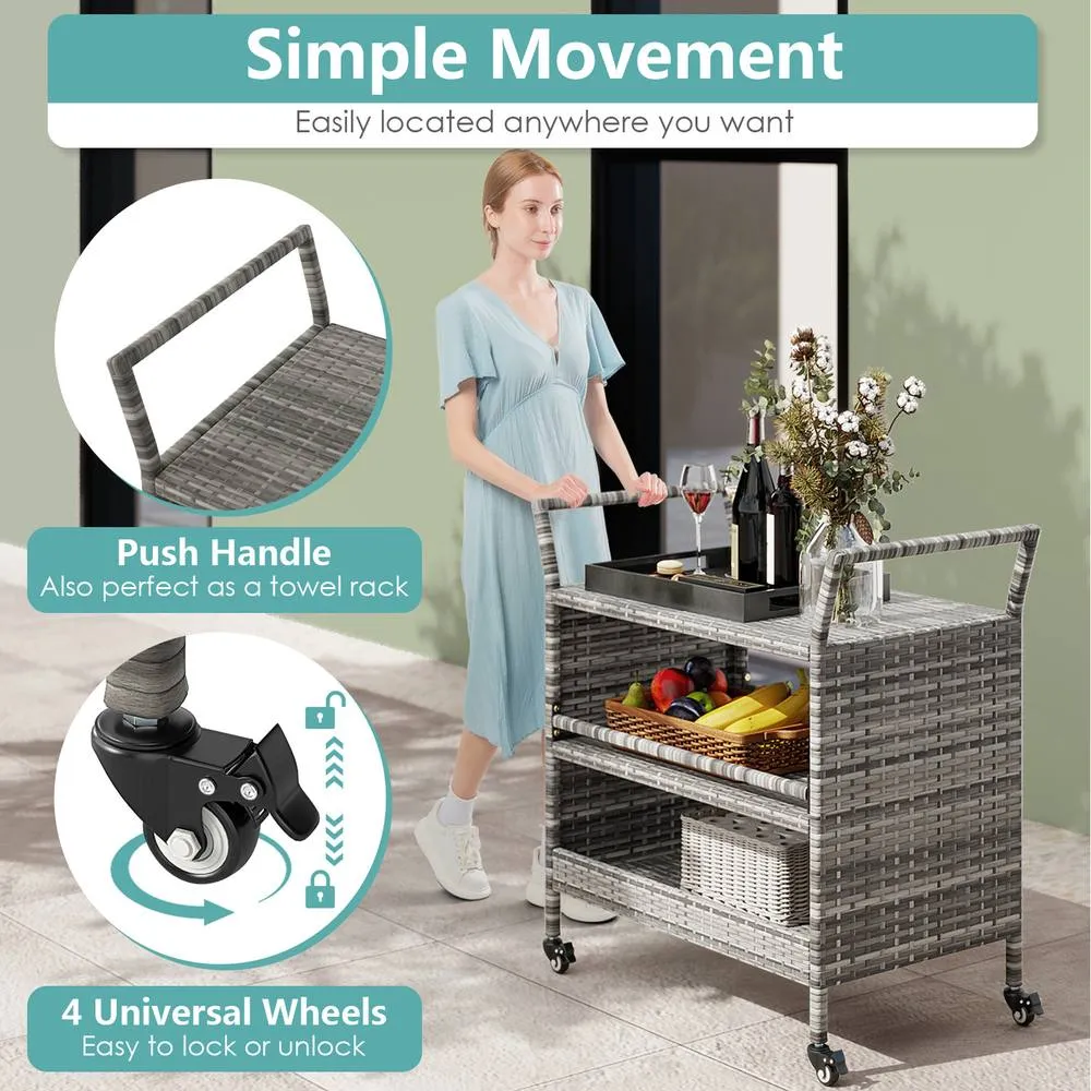Costway Outdoor Bar Cart 3-Tier Patio Rattan Storage Wheels in Grey 3