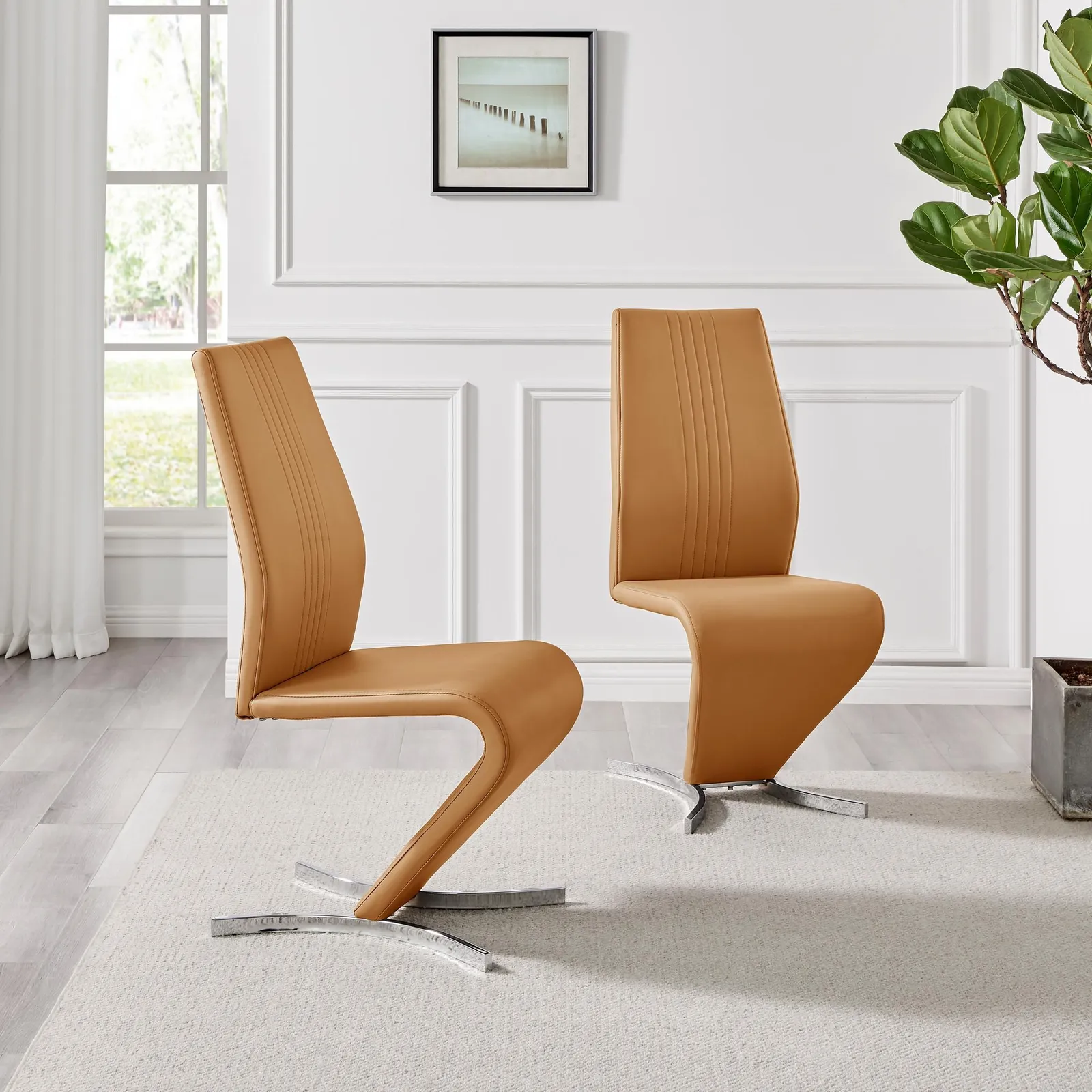 FurnitureboxUK Set of 2 Willow Contemporary Z Shaped Faux Leather Dining Chairs With Silver Chrome Metal Legs in Mustard 2