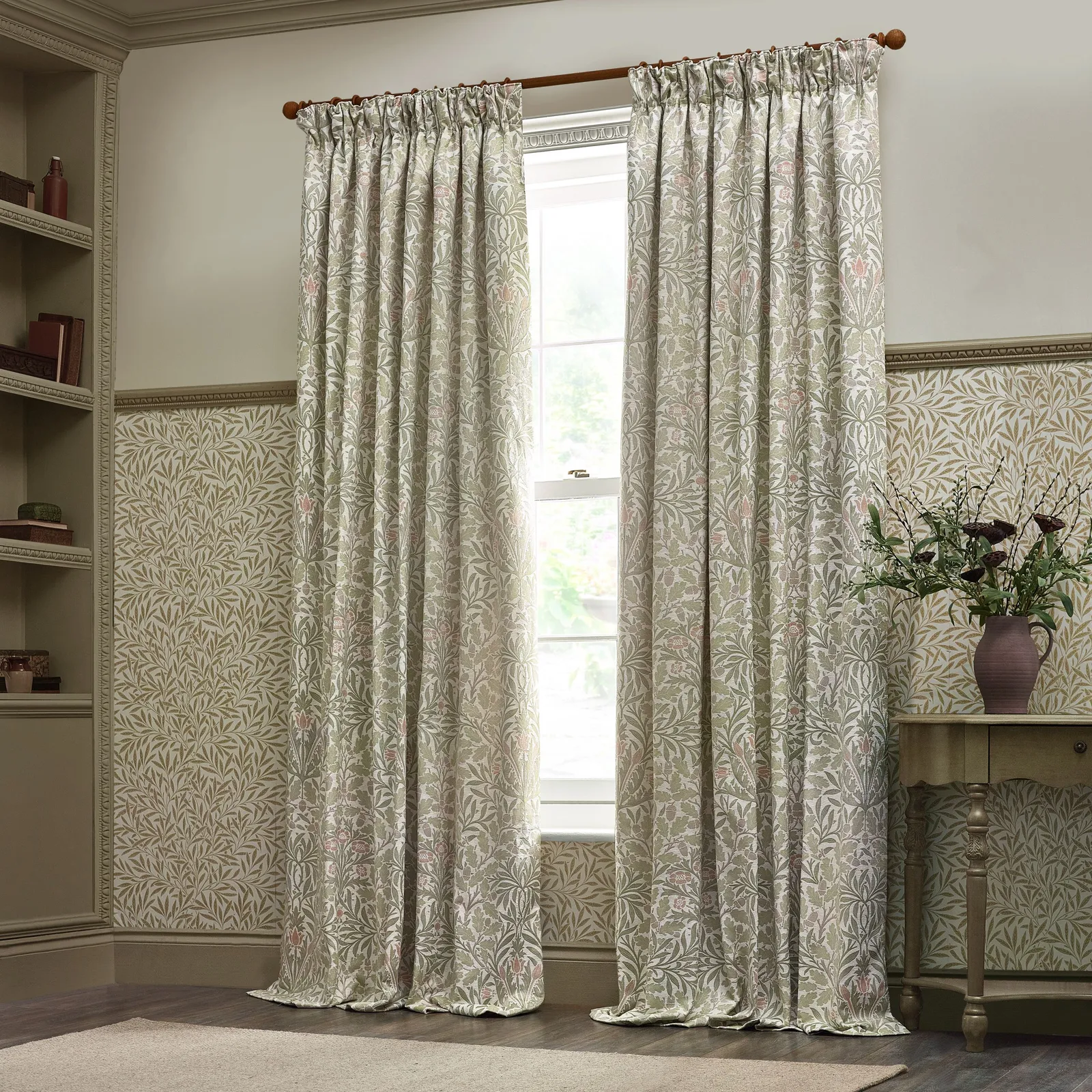 Morris & Co Acorn Multi Floral Jacquard Room Darkening Pencil Pleat Curtains in Stone 6