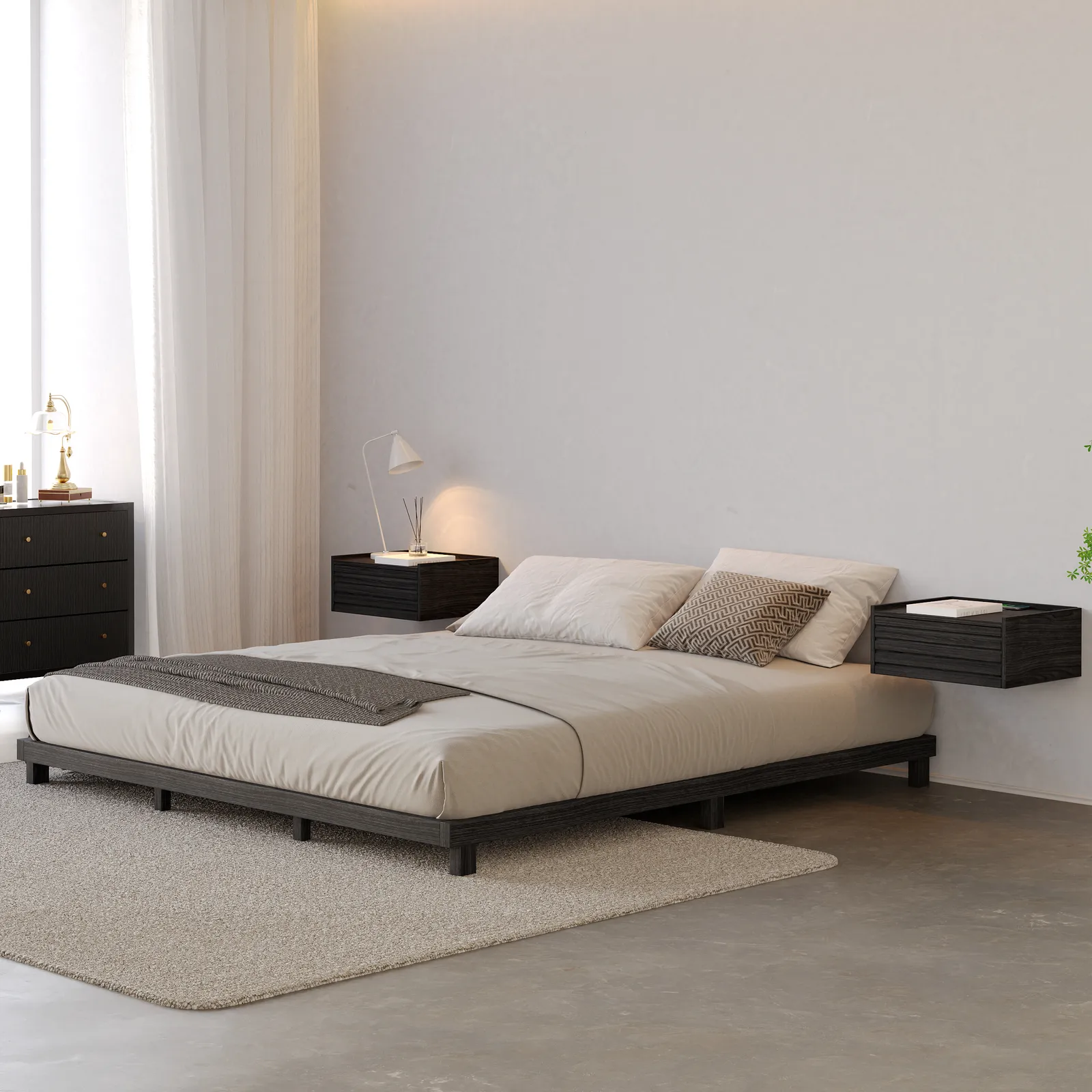 Japanese Style Queen Low Bed Frame Black Floor Bed