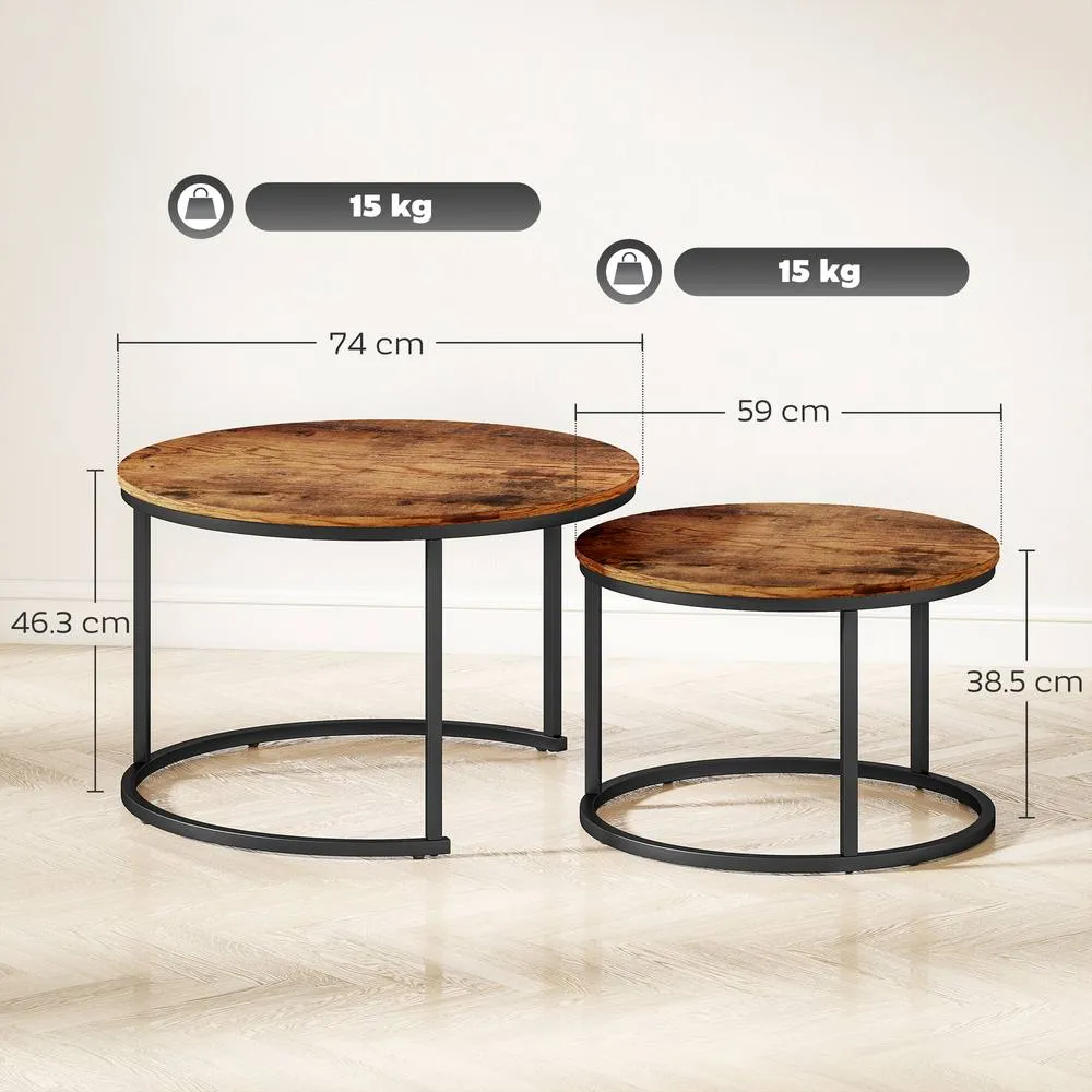 HOMCOM Marble Coffee Table Set of 2, Round Nest of Tables, Rustic Brown 3
