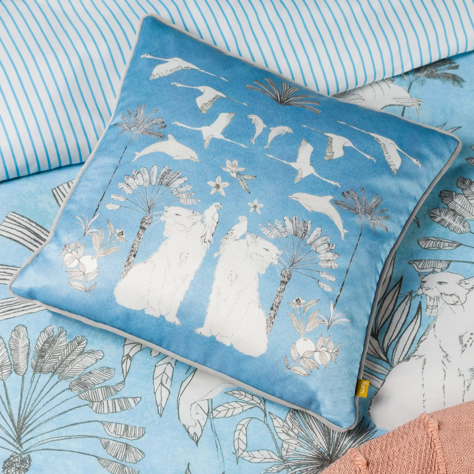 Furn Colony Palm Botanical Printed Velvet Cushion in Blue
