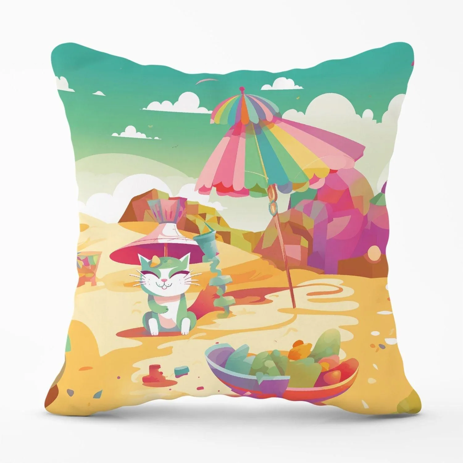 Warren Reed - Designer Kitten On A Beach Holiday Outdoor Cushion in Yellow