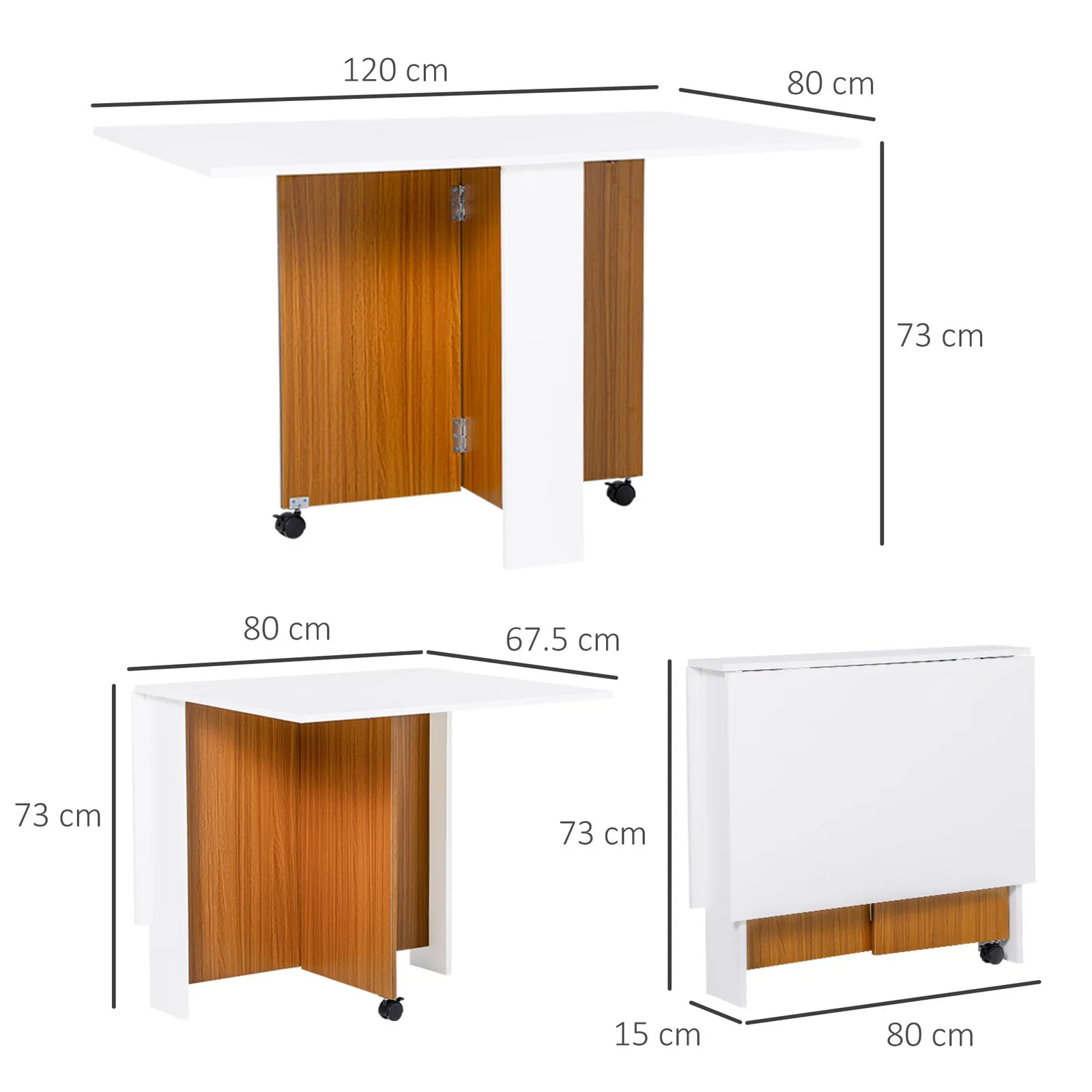 HOMCOM Folding Dining Table Mobile Writing Desk Workstation Casters Teak in White 3