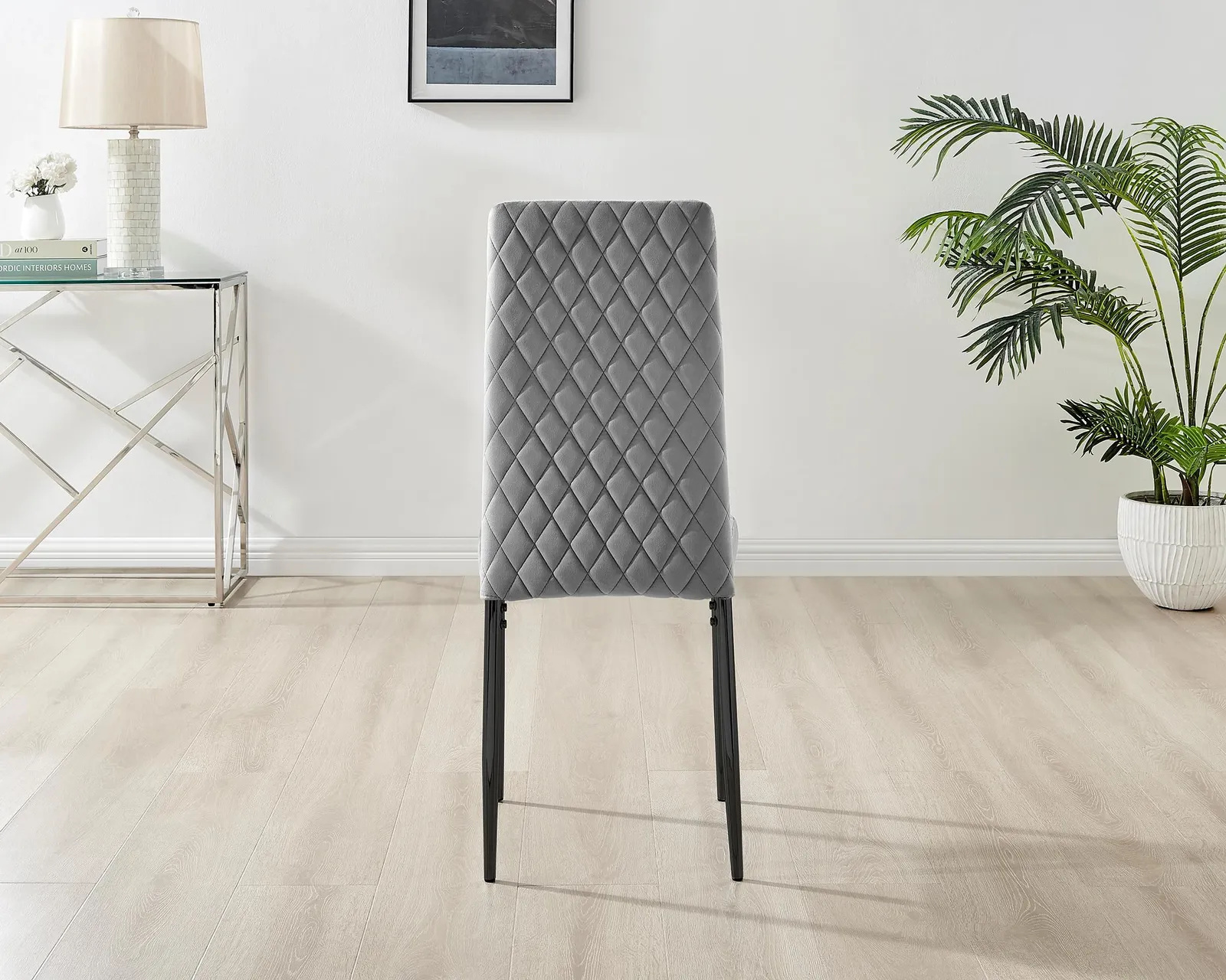FurnitureboxUK Set of 4 Milan High Back Soft Touch Diamond Pattern Velvet Dining Chairs With Black Powder Coated Metal Legs in Grey 6