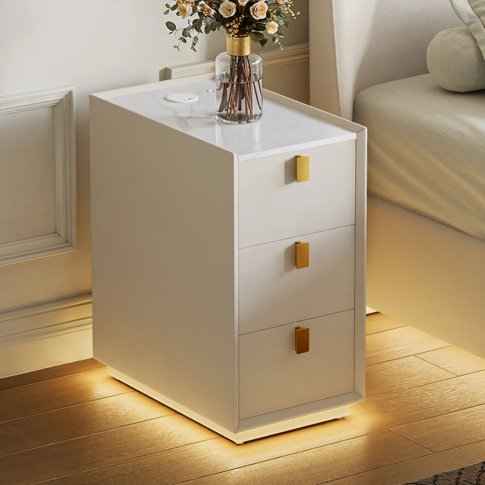 3-Drawer Narrow Bedside Table Faux Leather with Built-in Charging Station | Adjustable Lighting | Sintered Stone Top