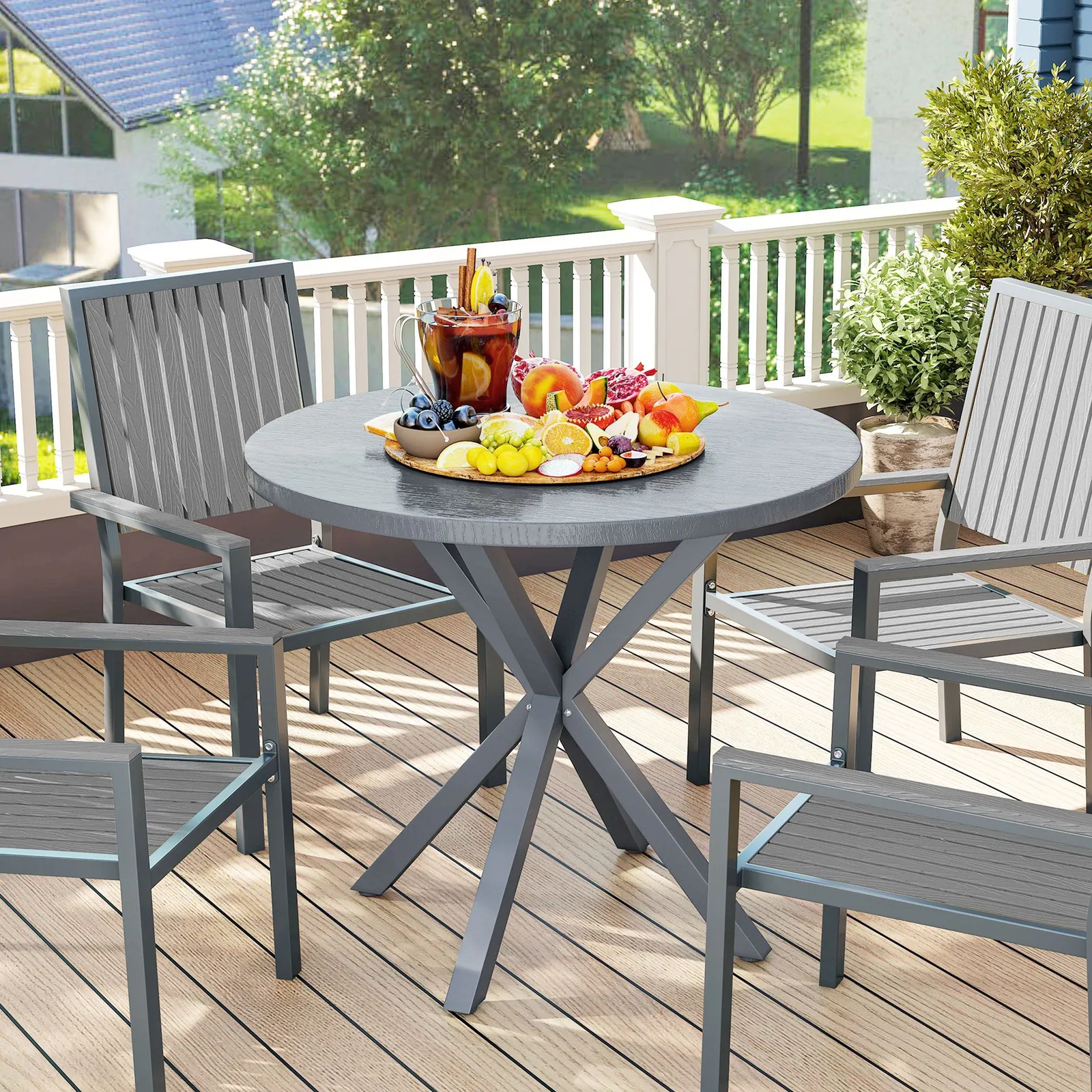 OUTSUNNY Garden Table with Steel Frame, Wood Effect Top, for Balcony, Deck in Dark Grey
