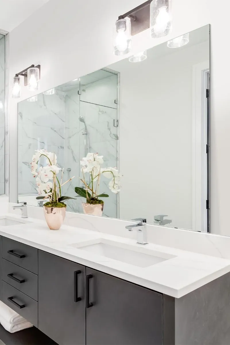 MirrorOutlet Circuitt 4mm Sheet Mirror Glass Polished Edges 4 Holes 140 x 70cm in Silver