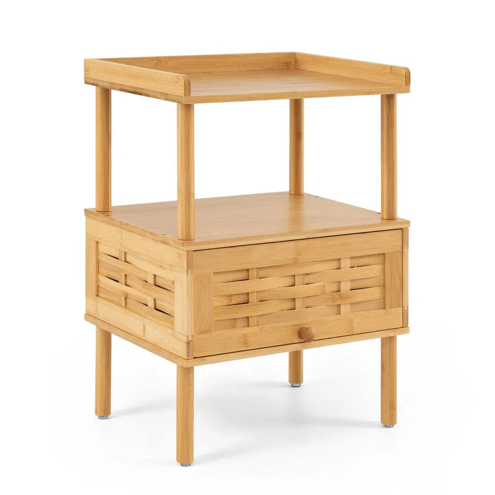 Costway Bamboo Rattan Bedside Table with Flip Up Door & Open Shelf Natural