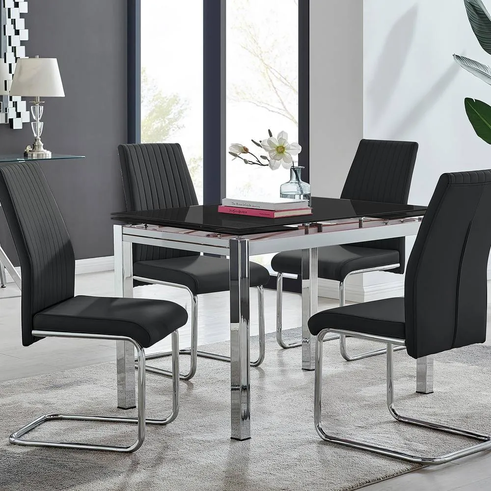 FurnitureboxUK Enna Black Glass Extending Dining Table & 4 Black Lorenzo Chairs