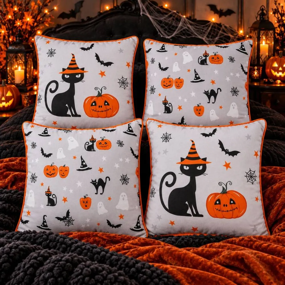 Smart Living Set of 4 Halloween Printed Filled Cushions 45x45cm Cat Pumpkin Design