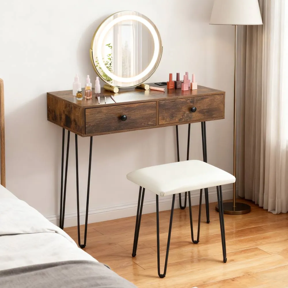 Costway Vanity Desk & Stool Set Makeup Dressing Table w/ Mirror & Lights in Brown 5