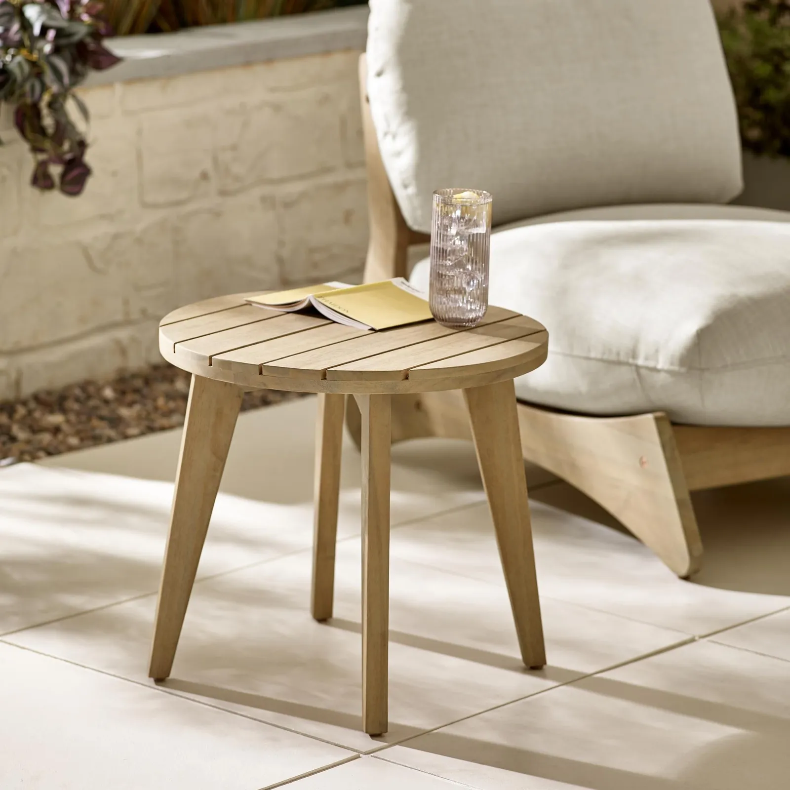 FurnitureboxUK Iko Solid Wood Round Outdoor Indoor Side Table in Light Brown