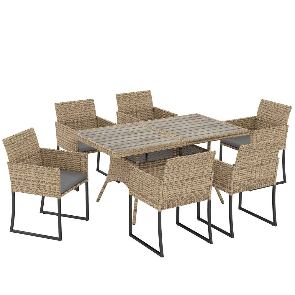 OUTSUNNY Rattan Garden Furniture Set, Rattan Table & Chairs with Cushions in Beige 2