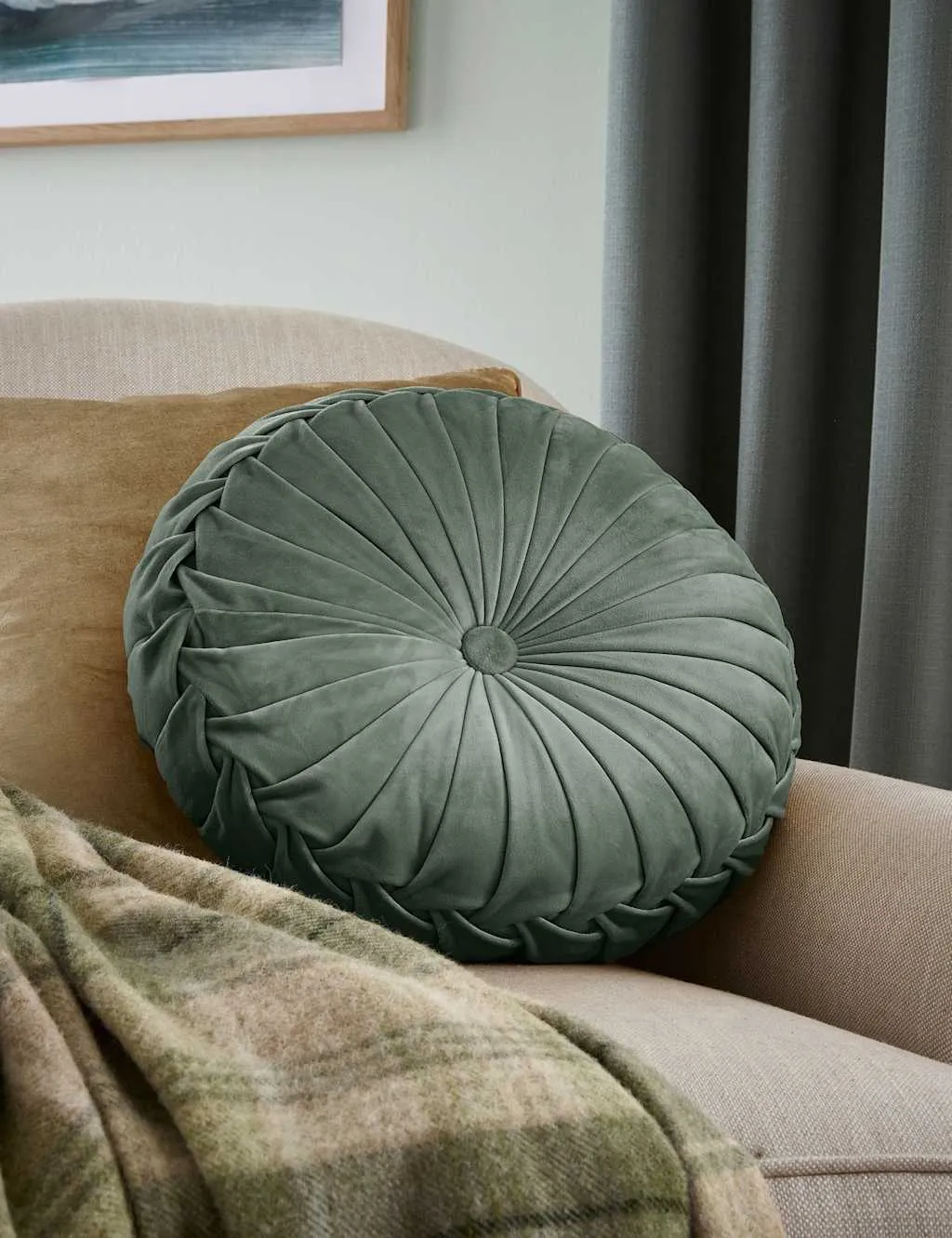 Laura Ashley Rosanna Velvet Round Pleated Cushion Dark Green