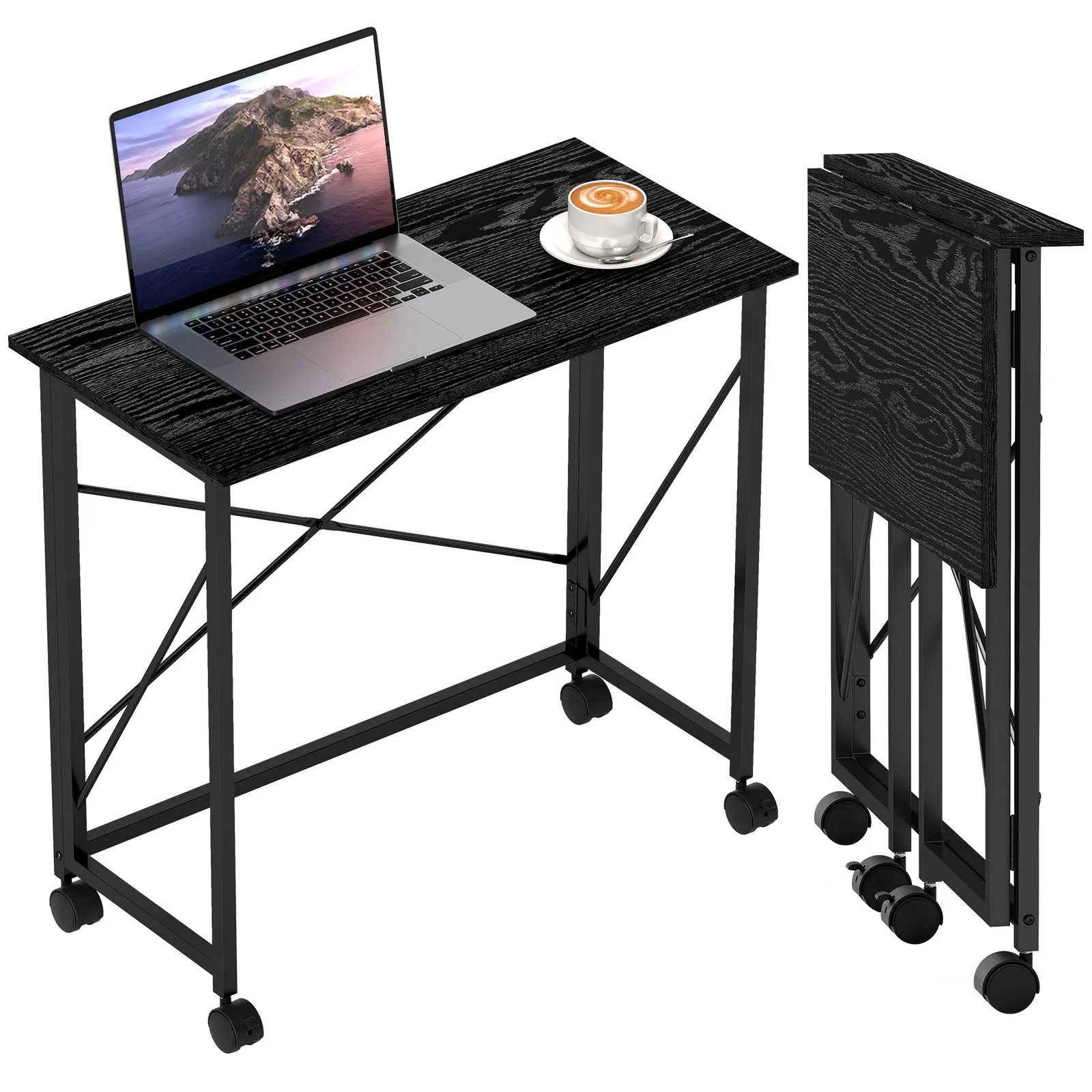 HOMCOM Folding Desk on Wheels, Writing Table for Home Office, Black 2