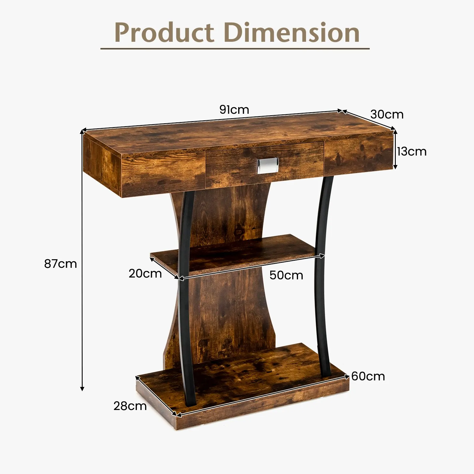Costway T-Shaped Industrial Console Table Narrow Sofa Side Table Entryway Display Shlves in Brown 2