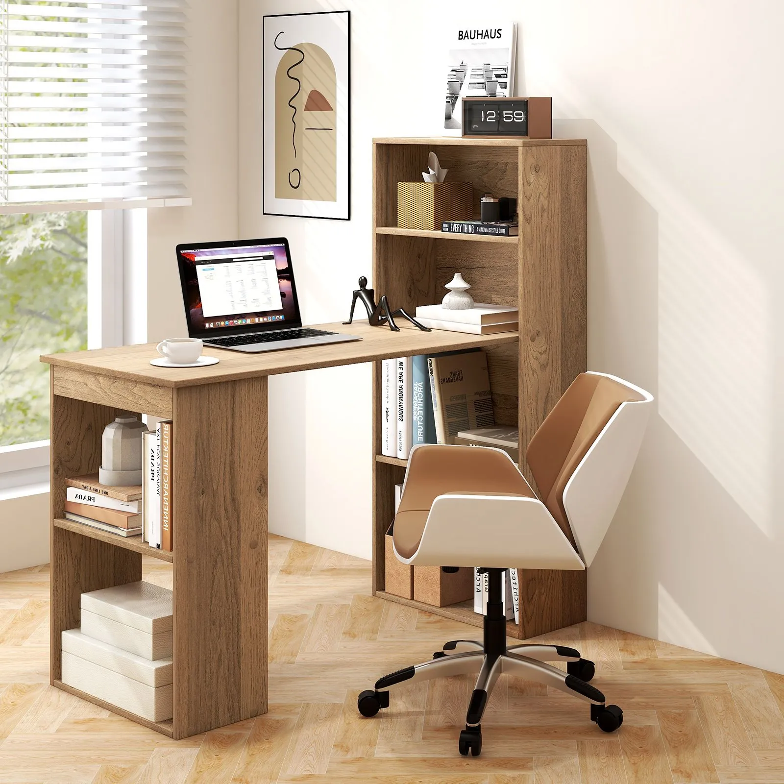 Costway 48"Computer Desk w/ Bookcase Modern Writing Desk w/ 6-tier Storage Shelves Home Office in Natural